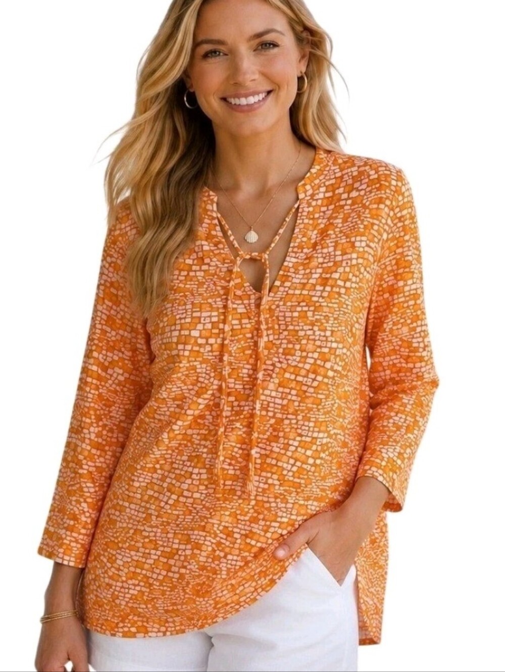 J McLaughlin Women Mosaic Keyhole Tunic Top Blouse Dress Size Medium Orange Whit